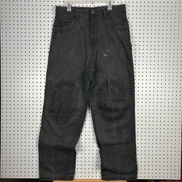 Girbaud Double Knee 90s Hip Hop Black Jeans 36x34 Red Stitched Coffin Y2K Baggy - Picture 1 of 9